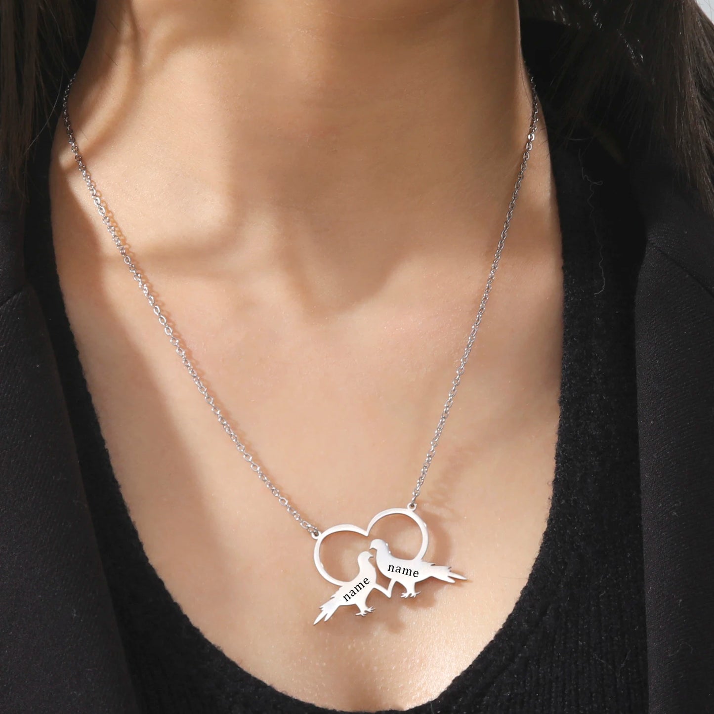 Couple Name Love Dove Bird Necklaces with Heart